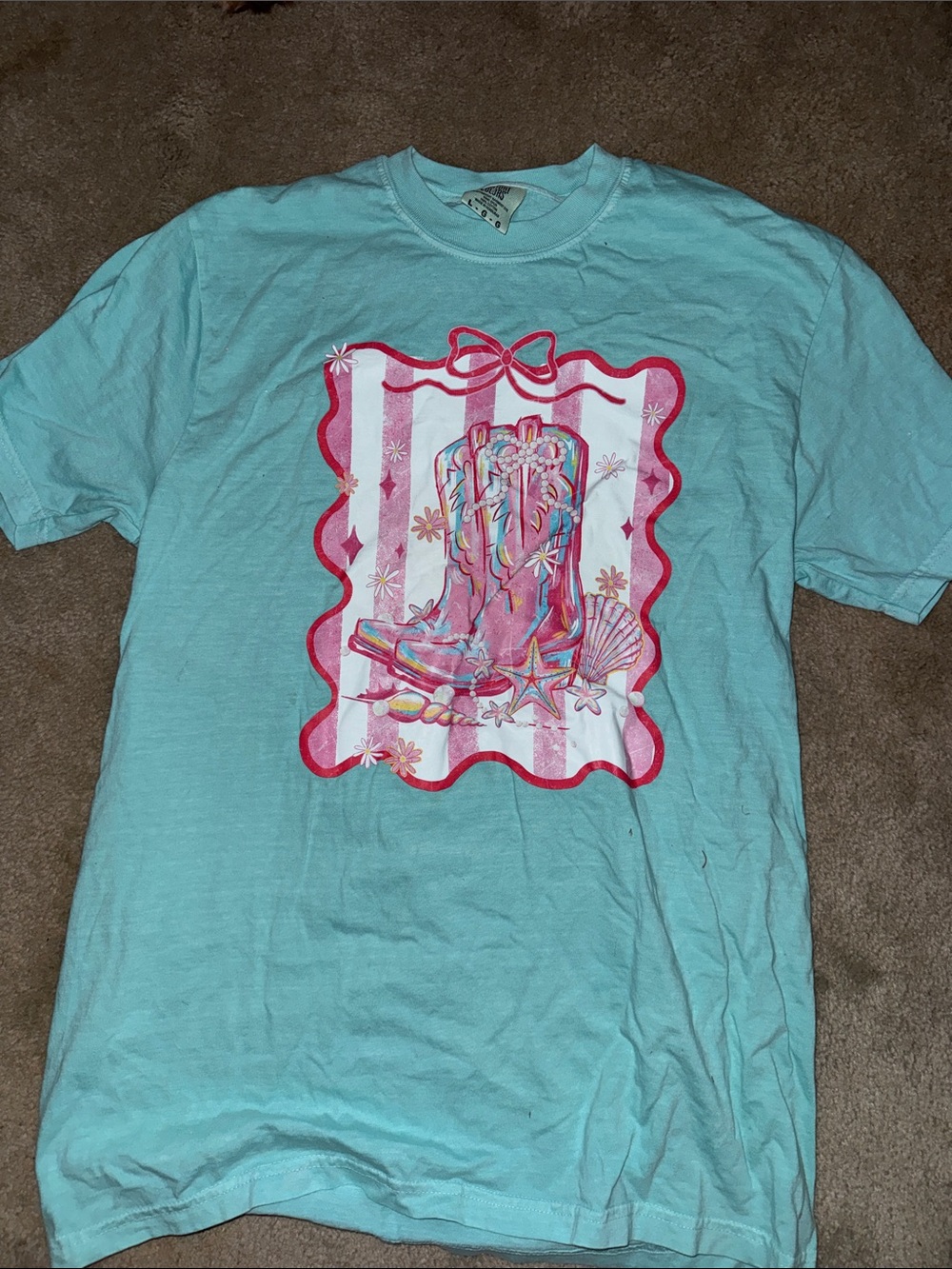 Comfort Colors Aqua Tee with Pink Cowboy Boot Graphic